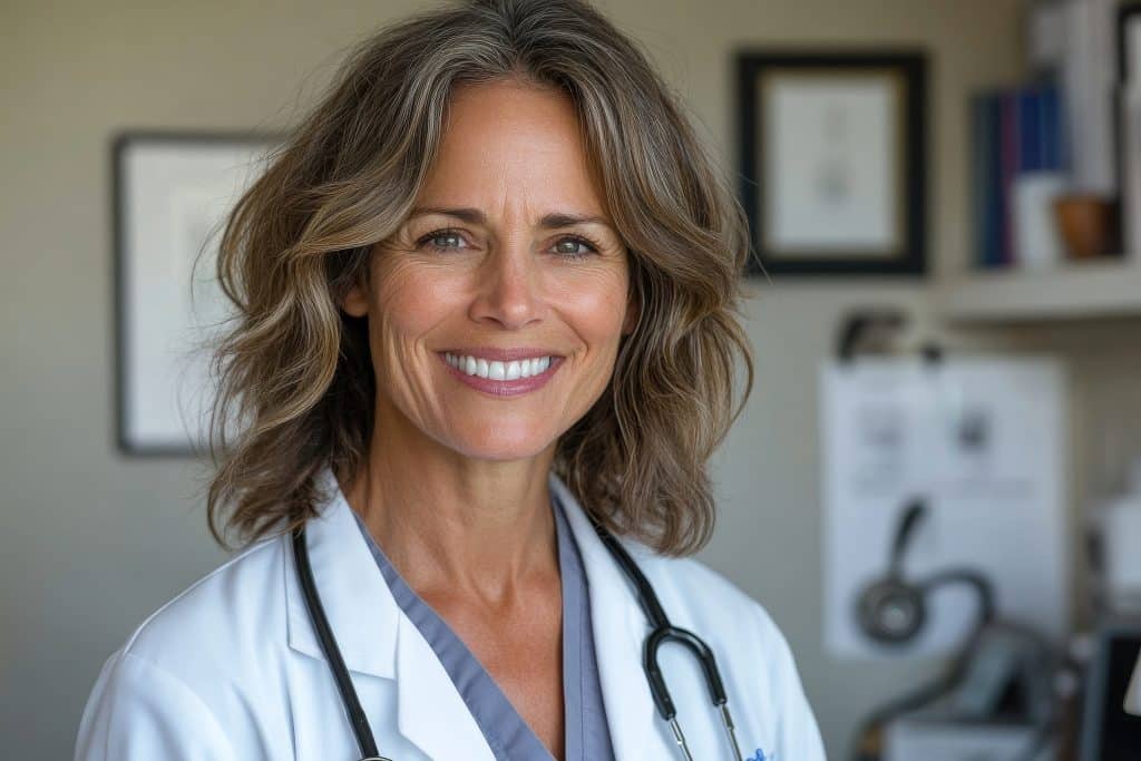 Friendly female physician smiling at the camera in her office, wearing a lab coat and a stethoscope, Generative AI